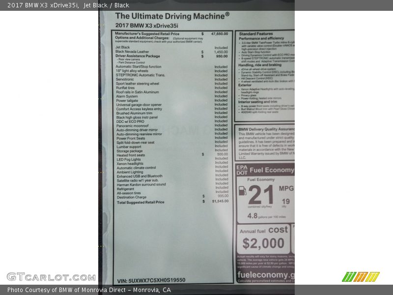  2017 X3 xDrive35i Window Sticker