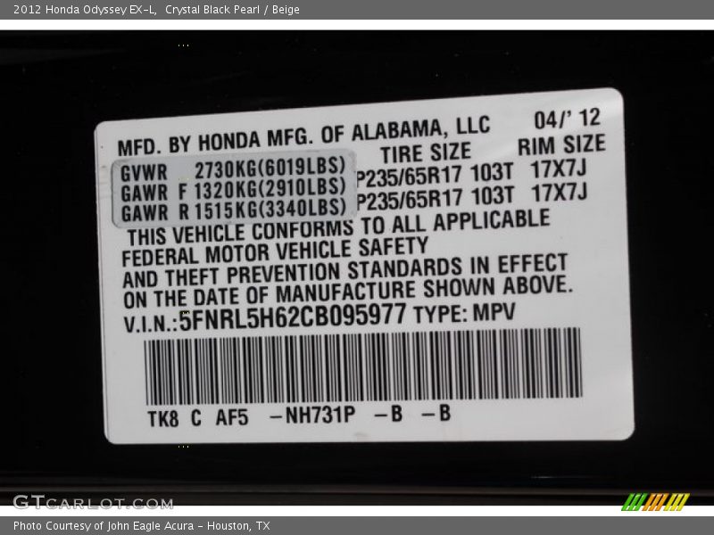 Crystal Black Pearl / Beige 2012 Honda Odyssey EX-L