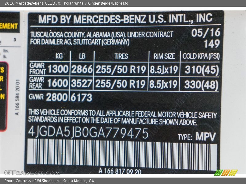 Polar White / Ginger Beige/Espresso 2016 Mercedes-Benz GLE 350