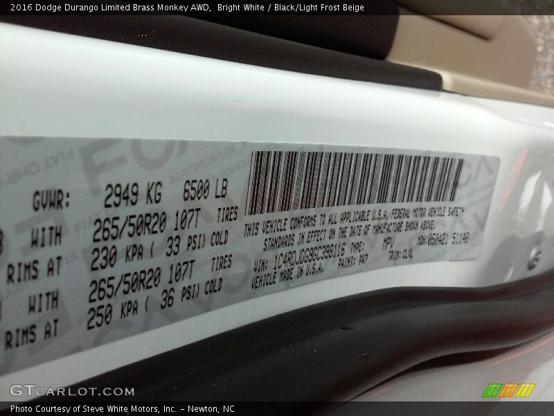 Bright White / Black/Light Frost Beige 2016 Dodge Durango Limited Brass Monkey AWD