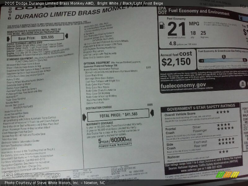Bright White / Black/Light Frost Beige 2016 Dodge Durango Limited Brass Monkey AWD