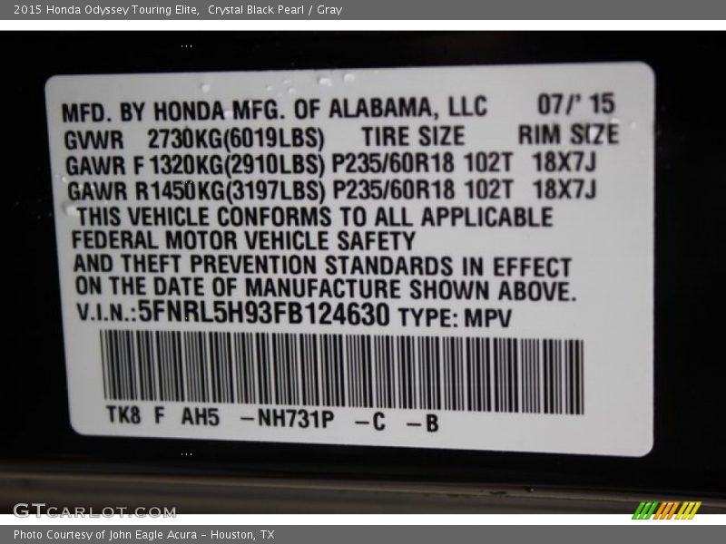 Crystal Black Pearl / Gray 2015 Honda Odyssey Touring Elite
