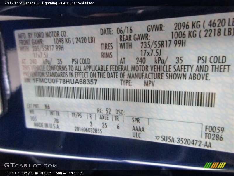 Lightning Blue / Charcoal Black 2017 Ford Escape S