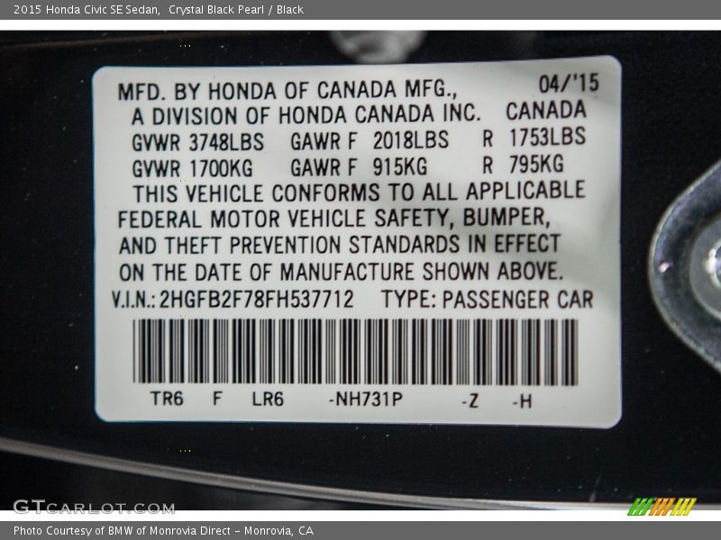 Crystal Black Pearl / Black 2015 Honda Civic SE Sedan