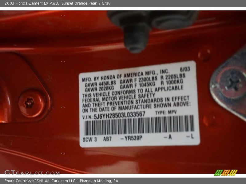 Sunset Orange Pearl / Gray 2003 Honda Element EX AWD