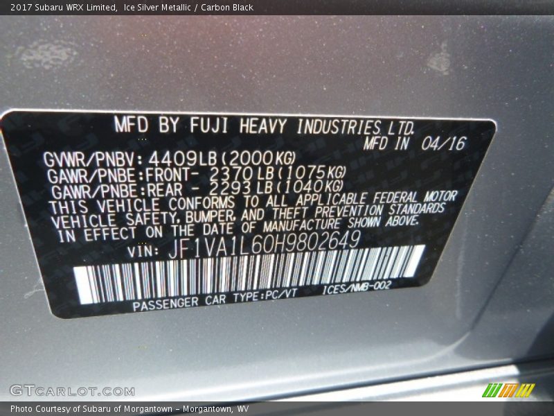 Ice Silver Metallic / Carbon Black 2017 Subaru WRX Limited