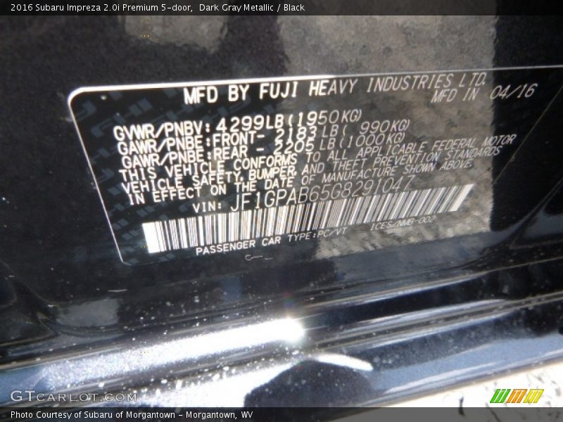 Dark Gray Metallic / Black 2016 Subaru Impreza 2.0i Premium 5-door