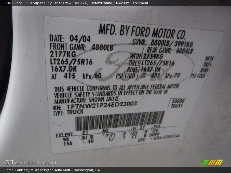Oxford White / Medium Parchment 2004 Ford F250 Super Duty Lariat Crew Cab 4x4