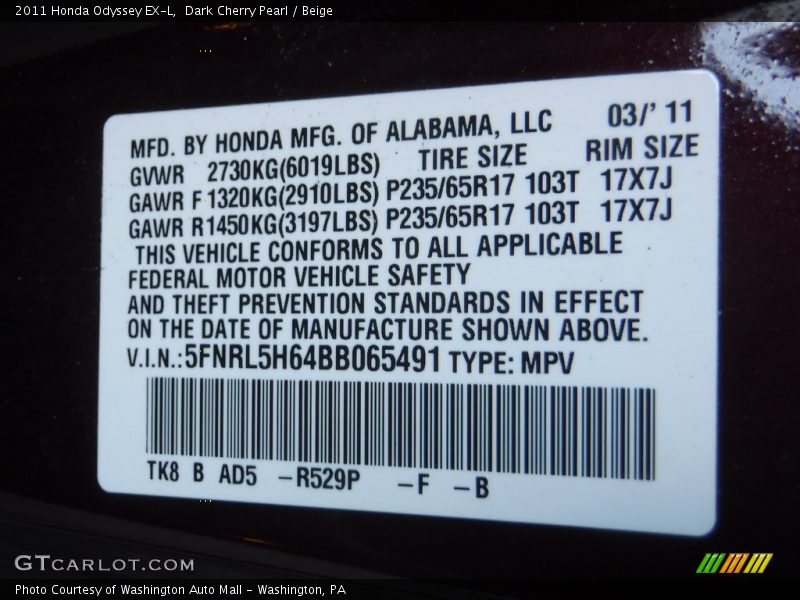 Dark Cherry Pearl / Beige 2011 Honda Odyssey EX-L