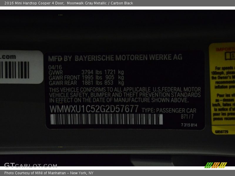 Moonwalk Gray Metallic / Carbon Black 2016 Mini Hardtop Cooper 4 Door