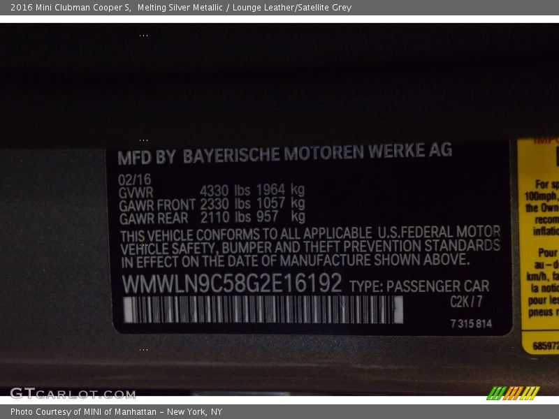 Melting Silver Metallic / Lounge Leather/Satellite Grey 2016 Mini Clubman Cooper S