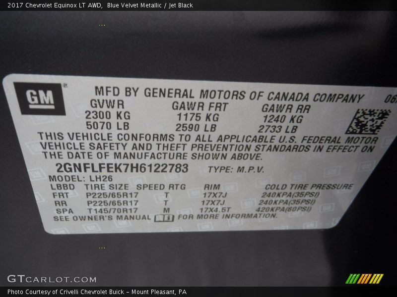 Blue Velvet Metallic / Jet Black 2017 Chevrolet Equinox LT AWD