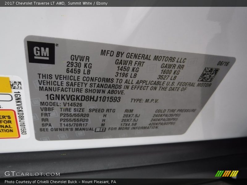 Summit White / Ebony 2017 Chevrolet Traverse LT AWD