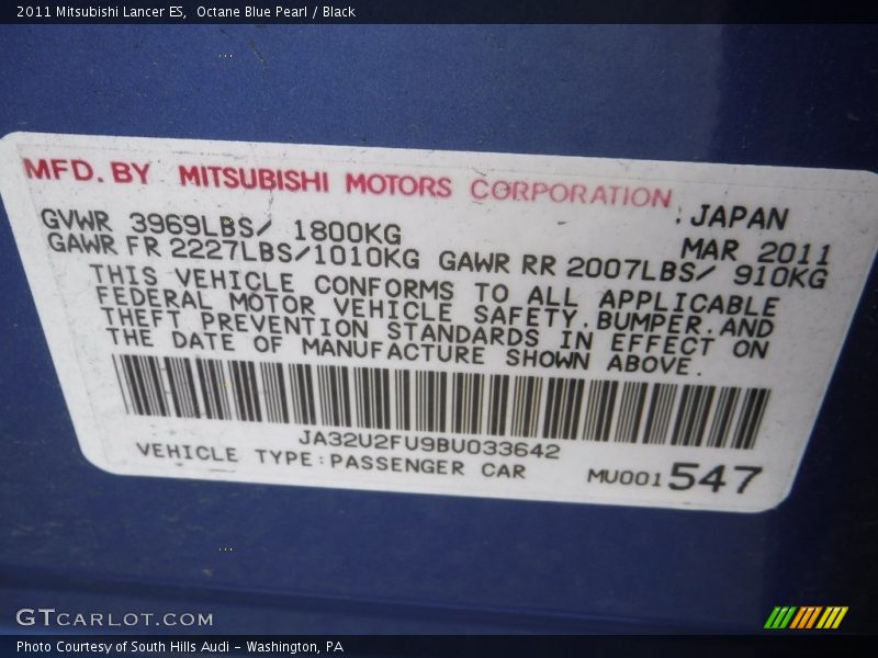 Octane Blue Pearl / Black 2011 Mitsubishi Lancer ES