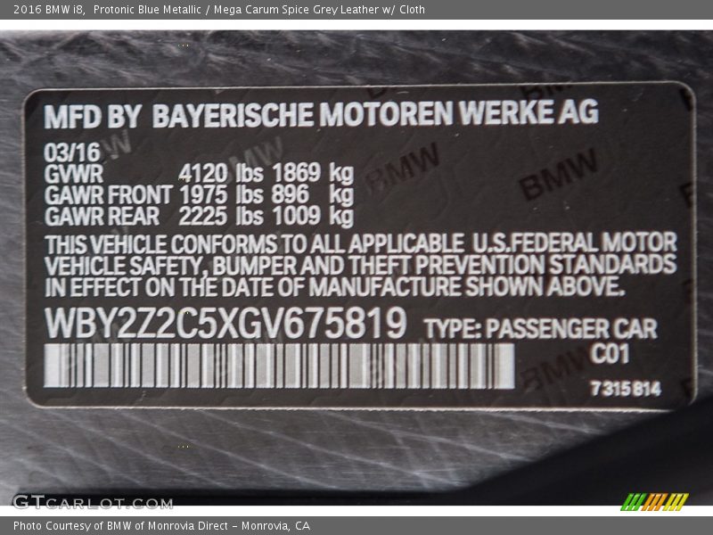 Protonic Blue Metallic / Mega Carum Spice Grey Leather w/ Cloth 2016 BMW i8