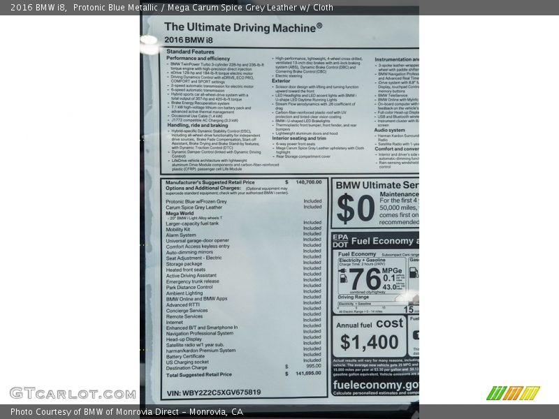 Protonic Blue Metallic / Mega Carum Spice Grey Leather w/ Cloth 2016 BMW i8