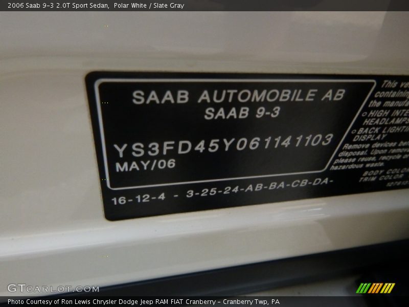 Polar White / Slate Gray 2006 Saab 9-3 2.0T Sport Sedan