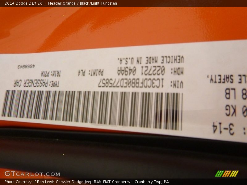 Header Orange / Black/Light Tungsten 2014 Dodge Dart SXT