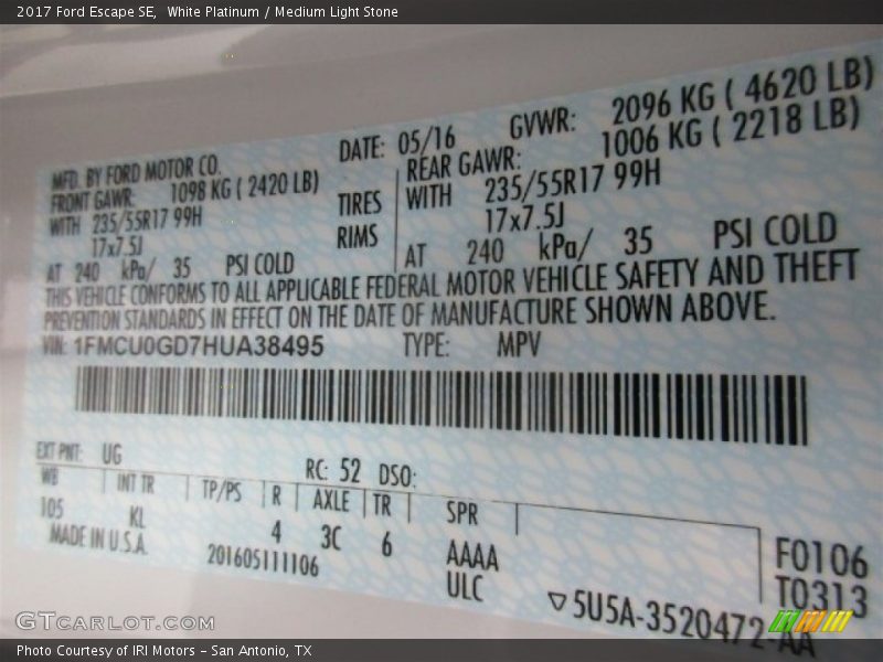 White Platinum / Medium Light Stone 2017 Ford Escape SE