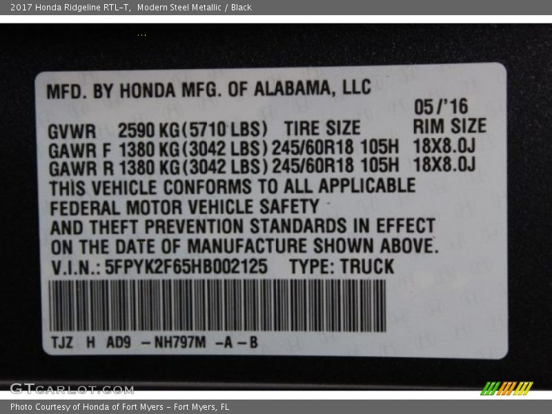 2017 Ridgeline RTL-T Modern Steel Metallic Color Code NH797M