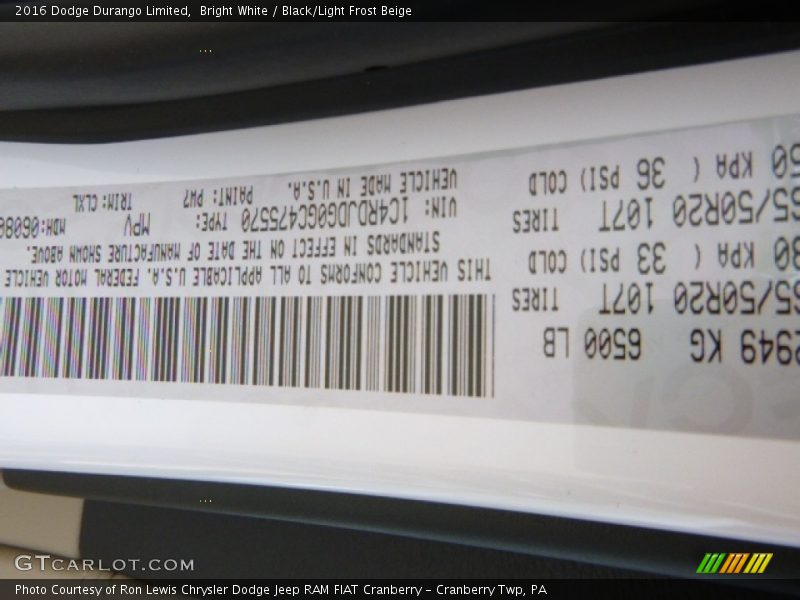 Bright White / Black/Light Frost Beige 2016 Dodge Durango Limited