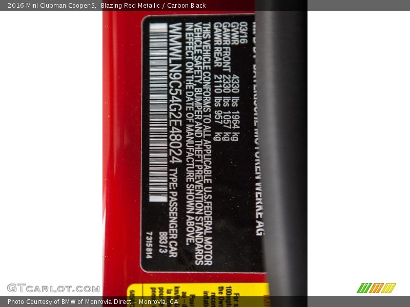 Blazing Red Metallic / Carbon Black 2016 Mini Clubman Cooper S