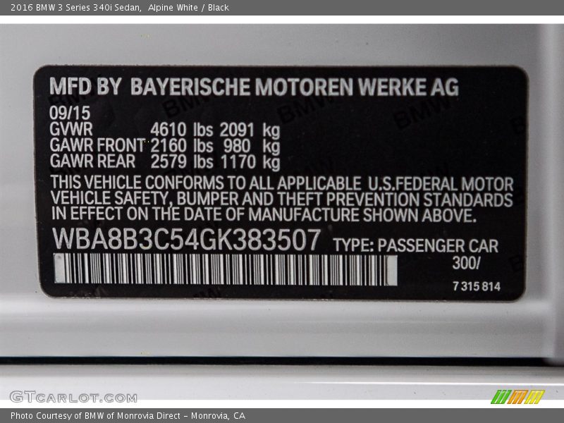 Alpine White / Black 2016 BMW 3 Series 340i Sedan
