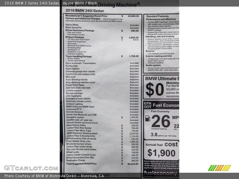  2016 3 Series 340i Sedan Window Sticker