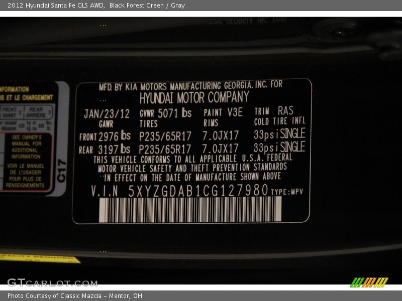 Black Forest Green / Gray 2012 Hyundai Santa Fe GLS AWD