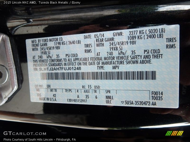 Tuxedo Black Metallic / Ebony 2015 Lincoln MKC AWD
