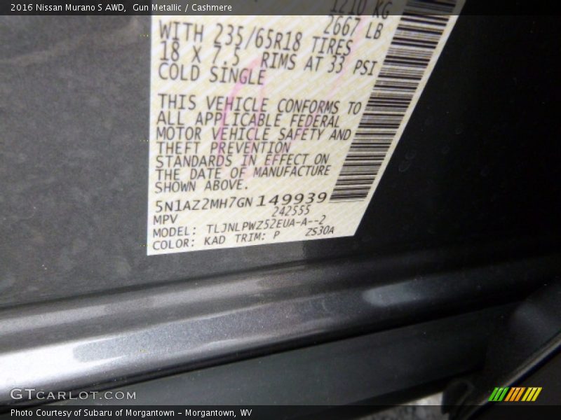 2016 Murano S AWD Gun Metallic Color Code KAD