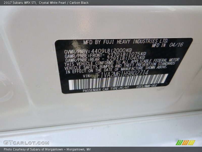 Crystal White Pearl / Carbon Black 2017 Subaru WRX STI