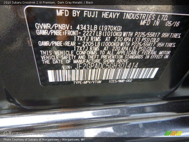 Dark Gray Metallic / Black 2016 Subaru Crosstrek 2.0i Premium