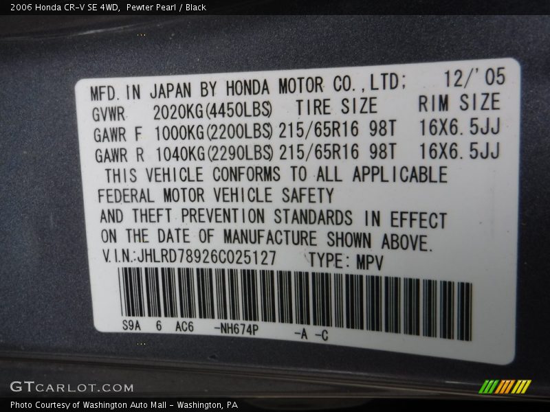 Pewter Pearl / Black 2006 Honda CR-V SE 4WD