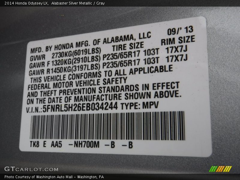 Alabaster Silver Metallic / Gray 2014 Honda Odyssey LX