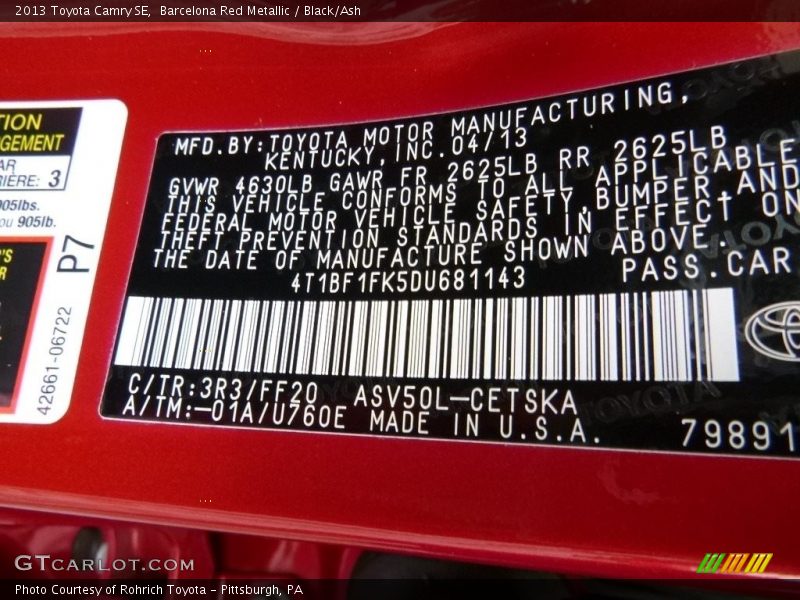 Barcelona Red Metallic / Black/Ash 2013 Toyota Camry SE