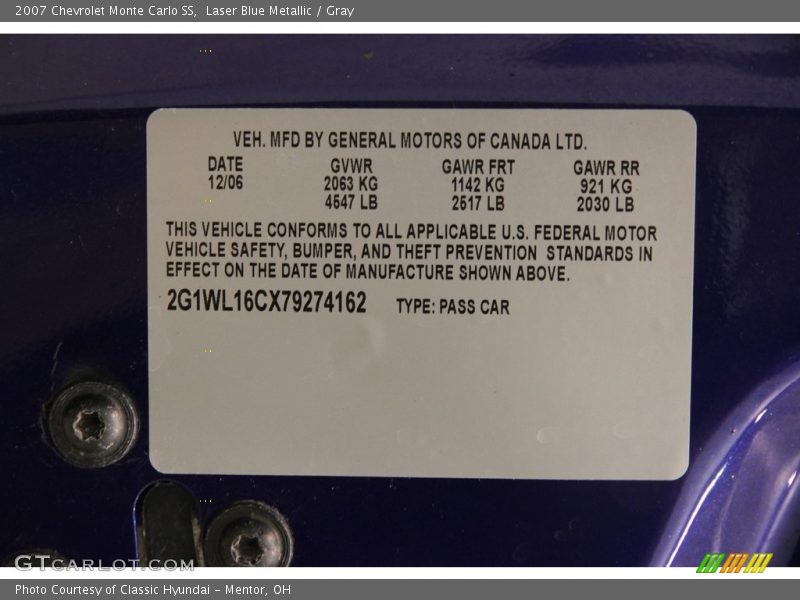 Laser Blue Metallic / Gray 2007 Chevrolet Monte Carlo SS
