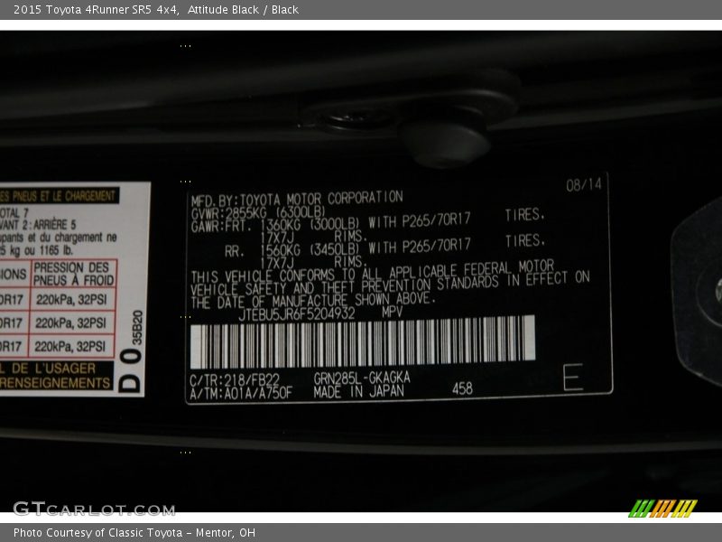 Attitude Black / Black 2015 Toyota 4Runner SR5 4x4