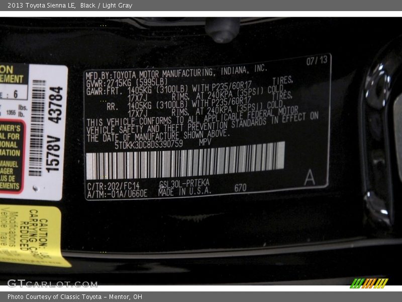Black / Light Gray 2013 Toyota Sienna LE