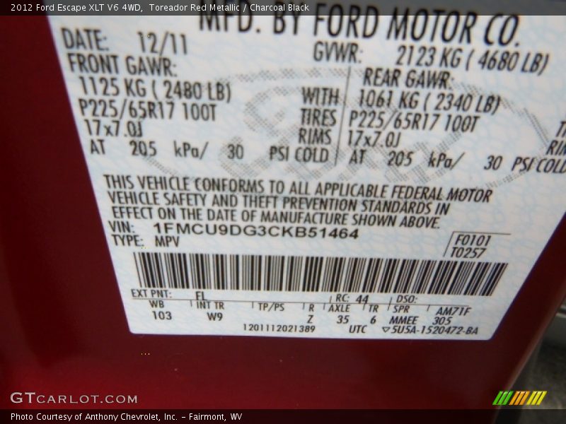 Toreador Red Metallic / Charcoal Black 2012 Ford Escape XLT V6 4WD