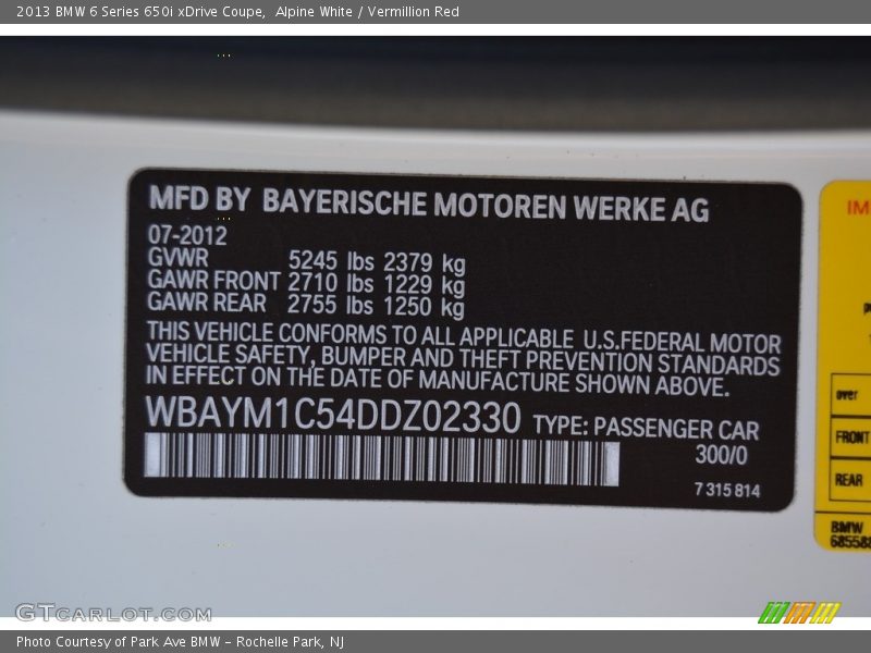 Alpine White / Vermillion Red 2013 BMW 6 Series 650i xDrive Coupe