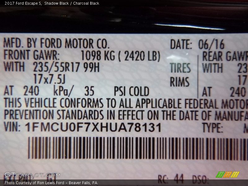 Shadow Black / Charcoal Black 2017 Ford Escape S