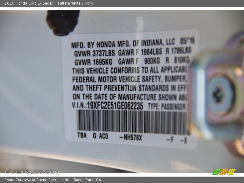 Taffeta White / Ivory 2016 Honda Civic LX Sedan