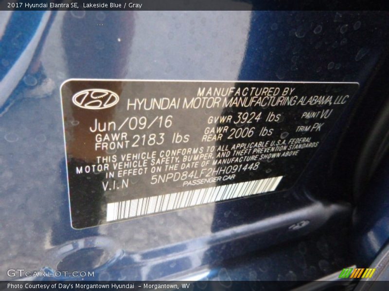 Lakeside Blue / Gray 2017 Hyundai Elantra SE