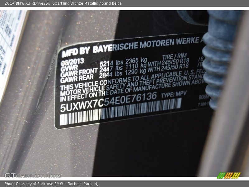Sparkling Bronze Metallic / Sand Beige 2014 BMW X3 xDrive35i