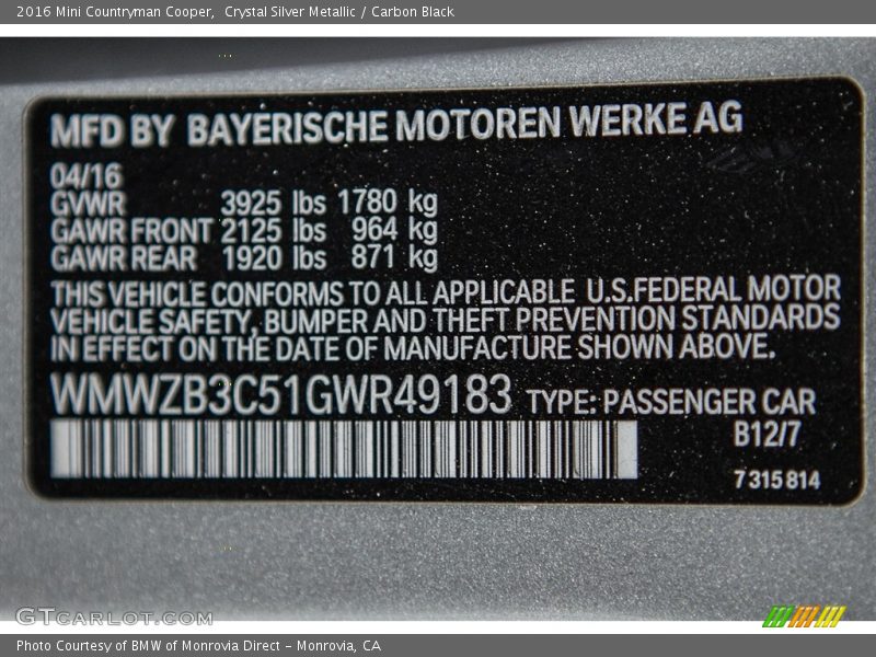 Crystal Silver Metallic / Carbon Black 2016 Mini Countryman Cooper
