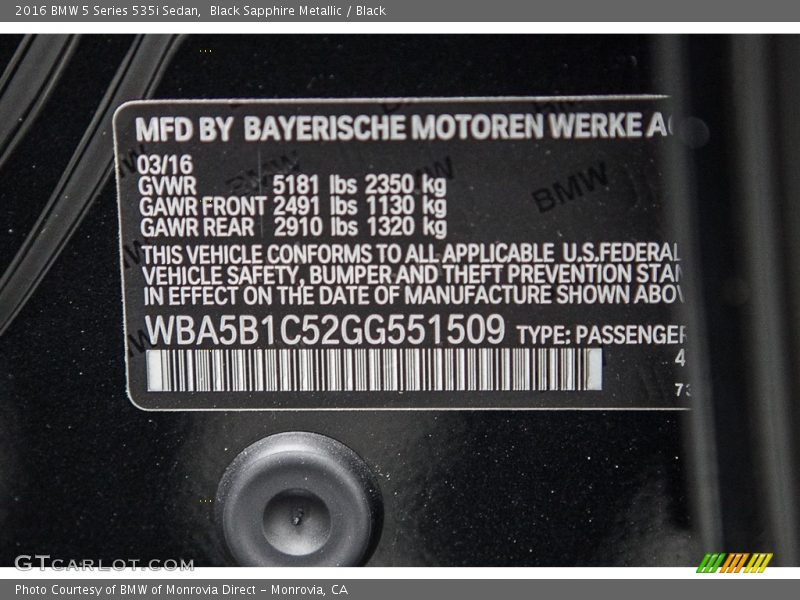 Black Sapphire Metallic / Black 2016 BMW 5 Series 535i Sedan