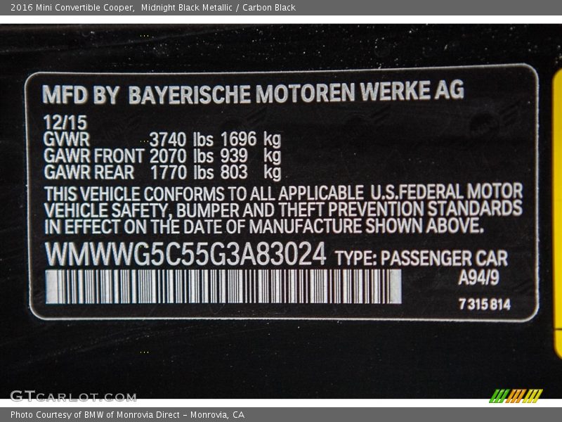 2016 Convertible Cooper Midnight Black Metallic Color Code A94