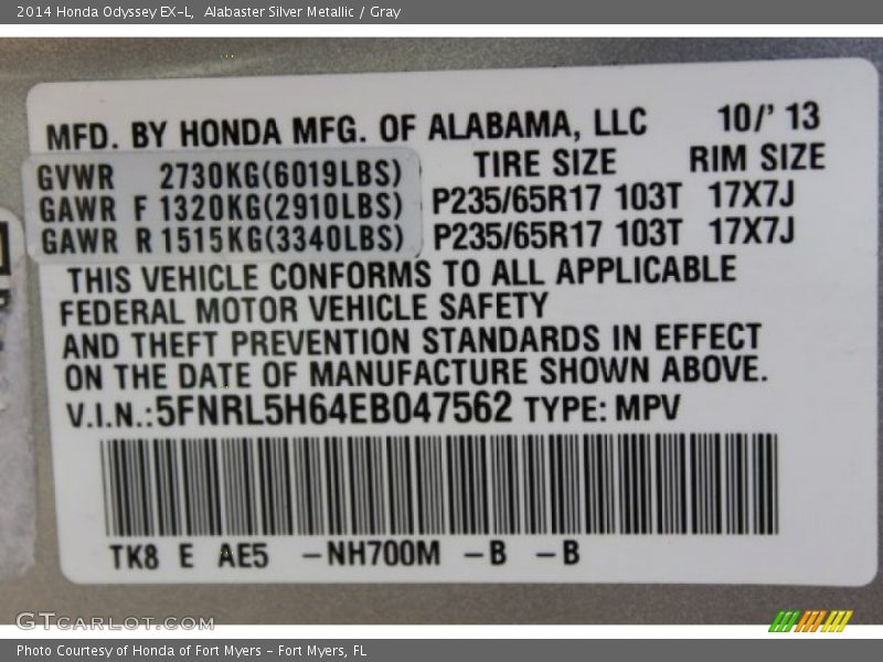 Alabaster Silver Metallic / Gray 2014 Honda Odyssey EX-L