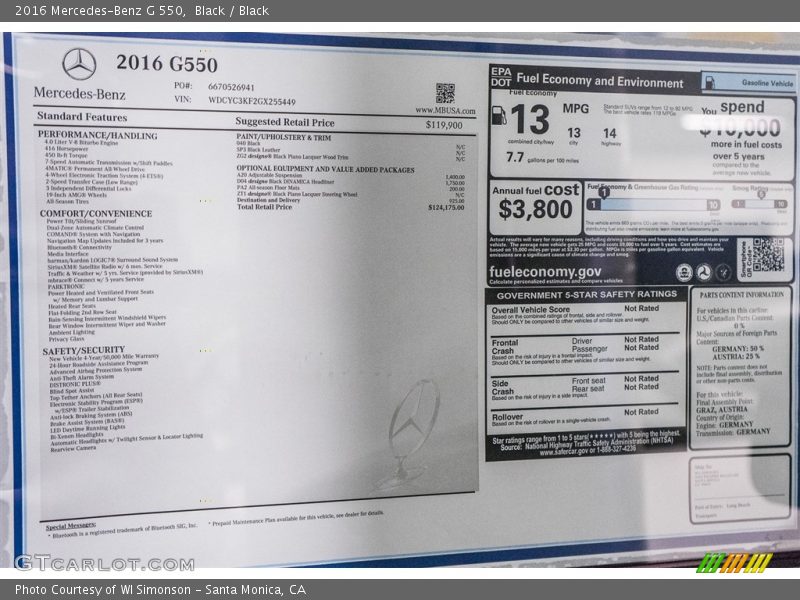  2016 G 550 Window Sticker